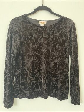 Talbots Black Velvet Floral Scroll Long Sleeve Top Size Small